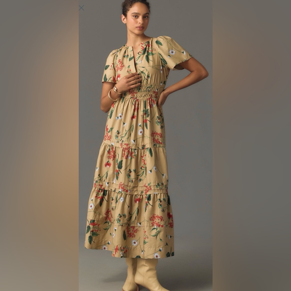 Anthropologie Floral Maxi Dress in Tan and Red